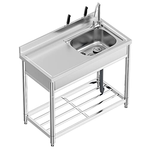 Fregadero de Cocina Comercial con Banco de Trabajo, 100 × 50 × 94 cm Fregadero de Acero Inoxidable Independiente con Grifo, Fregadero Industriales con Patas Acero para Cocina, Restaurante, Bar, Jardín