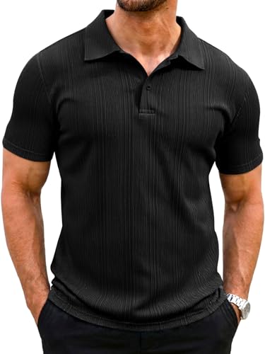 Runcati Herren Poloshirt Kurzarm Einfarbig Männer Sommer Freizeit Knopfleiste T-Shirts Sport Polohemd Basic Poloshirts Schwarz L