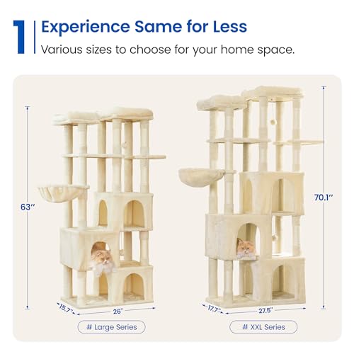 Image of MWPO Large Cat Tree for Indoor Cats, 63-inch Cat Tower with 3 Cat Condos, Scratching Posts, Padded Perches, Hammock, Dangling Toys, Beige