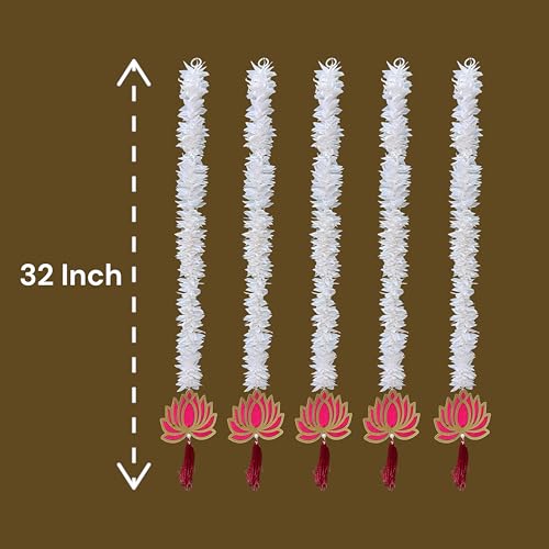 Image of Rajasthan Kraft Artificial Gajra & Wooden Lotus Hanging Pack of 6 | 32 Inch Long | Artificial Garland Set | White Floral Door Hanging | Mandir Decorations Items for Sankranti, Ugadi, Gudi padwa.
