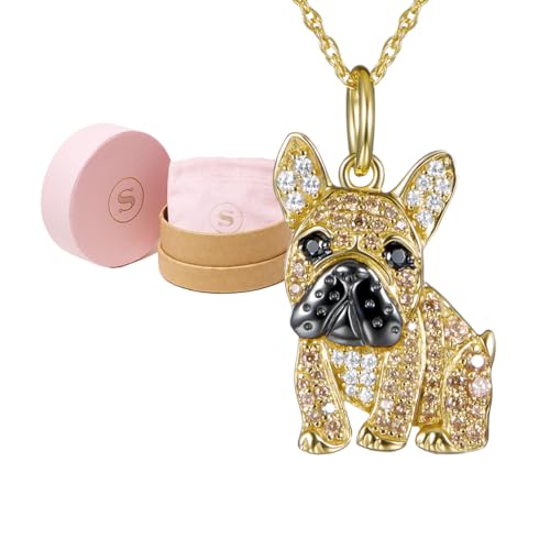 SCAMPER & CO French Bulldog Cubic Zirconia Puppy Charm Pendant Necklaces for Women - Genuine Gemstone with Elegant Backplate, 18K Yellow Plated Sterling Silver Necklace for Women Easy Closure 18 inch
