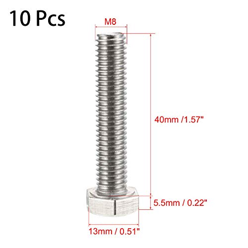 Image of 10 Pcs M8 Hex Bolt M8-1.25 x 40mm UNC Hex Head Screw Bolts A2-70(304) Stainless Steel Fully Threaded Hex Tap Bolts,Fully Threaded (M8 x 40mm)