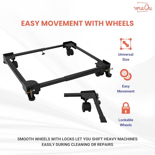Image of SoraChi Adjustable Iron Washing Machine Stand with Wheels | Elevates Appliances to Prevent Water Damage & Reduce Vibrations | Universal Fit for Washers & Refrigerators (All Black)