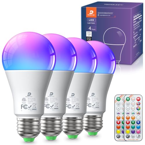 DUSKTEC Color Changing Light Bulb LED Light Bulbs 100 Watt Equivalent with Remote Control 9 RGB Colors & 3CCT DIY/Timer/Sleep Mode 12W 1300 Lumens A19 E26 Lightbulbs for Home (4 Pack)