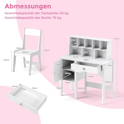 FANTASK Kinderschreibtisch mit Stuhl, Jugendschreibtisch mit Schrank, Schublade & Regal, Schülerschreibtisch Kinderzimmer aus Holz, Schreibtisch Kinder für Kinder ab 3 Jahren, 79 x 34 x 91cm (Weiß)