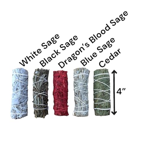 NessaStores 5 pcs Smudge Stick Sampler 1 Kit of White Sage, Black Sage, White Sage Dragon's Blood, Blue Sage, & Cedar - 4 Inch Hand Tied, All Natural, Ethically Sourced for Home Cleansing JC-209