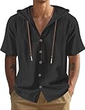 QOSOQ Men's Cotton Linen Shirts Short Sleeve Casual Sweatshirts Button Down Summer Beach Shirts with Hoodies (US, Alpha, Large, Regular, Regular, Black)