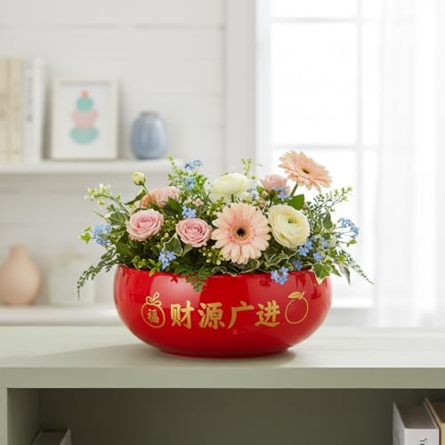 Image of Xtore Striking Glossy Red Ceramic Planter Bowl for Indoor Decor & Bonsai Styling | Wide Shallow Round Pot for Tabletop, Shelf & Zen Corners (Pack of 1 - Planter only)