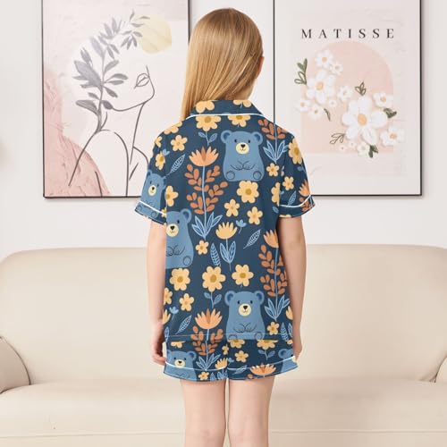 ALAZA Bear Flower Navy Blue Pajamas Satin Pajama Set Short Sleeve Button Down Sleepwear4