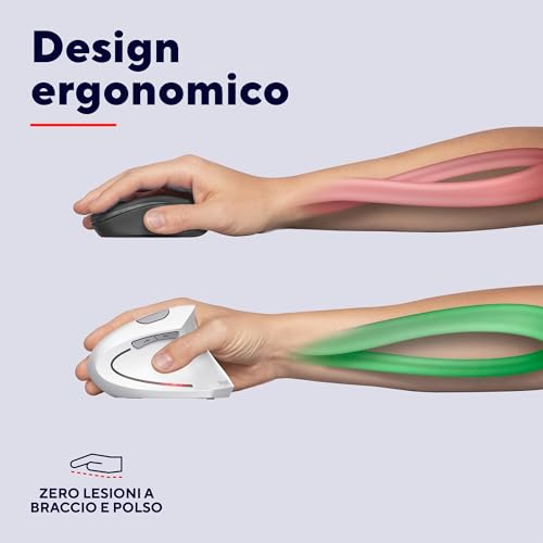 Verto Mouse Verticale Wireless, Mouse Ergonomico senza Filo, Ridurre la Tensione del Braccio e del Polso, 800-1600 DPI, 6 Pulsanti, PC, Computer, Portatile, Mac, Batterie Incluse - Bianco - Mouse gaming - Immagine 2
