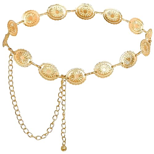 Gold Colour Belt,Western Metal Concho Belt,Hollow Out Daisy Chain Belt,Gold Cowgirl Belt,Women's Waist Chain,Adjustable Boho Waist Chain Country Concert Outfit for Dress Waist Chain