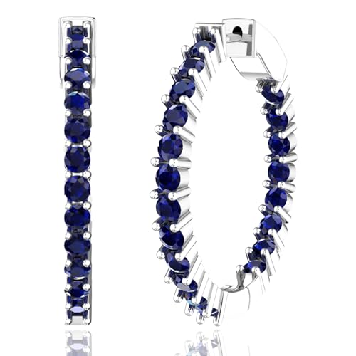 Hoop Earrings with 40 Colored Gemstones, Birthstone Earrings, 925 Sterling Silver Rhodium Plated, Push Back Closure, 1.18' - Main Image