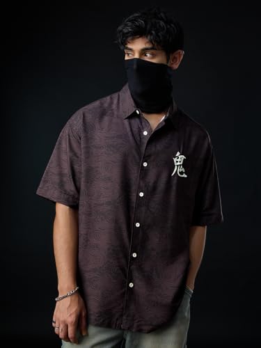 Image of The Souled Store: The Last Shogun Men and Boys Short Sleeve Collared Neck Button Front Dark Brown Graphic Printed Rayon Oversized Shirts