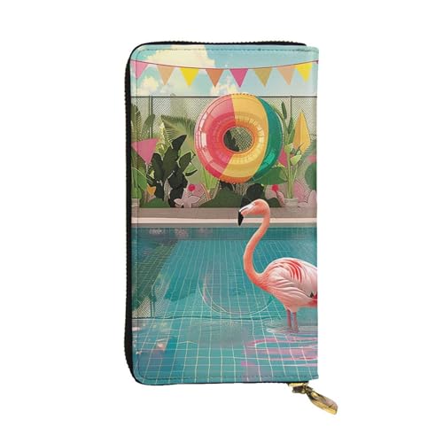 Women's Leather Wallet - Flamingo and swimming pool Prints Coin Purse Travel Card Holder Zipper Purse Cell Phone Handbag