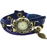 Orologio da polso da donna al quarzo con decoro a foglia di albero e bracciale blu elegante e popolareben trattata.