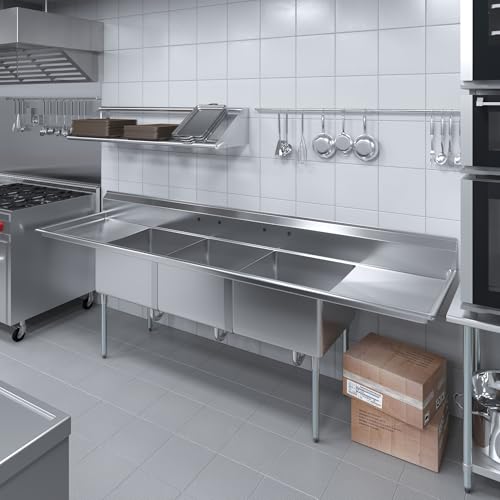 Image of 120 in. x 30 in. Stainless Steel Three Compartment Sink with 24 in. x 24 in. x 14 in. Bowls and Dual 24 in. Drainboards