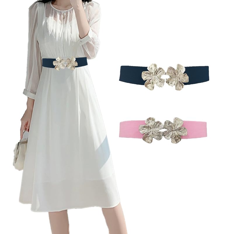 COTIM COYIN Women's Fashion Elastic Stretch Waist Belts With Metal Pin Flower Buckle for Jeans Pants Dress2