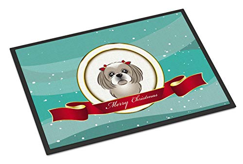 Caroline's Treasures BB1560MAT Gray Silver Shih Tzu Merry Christmas Doormat 18x27 Front Door Mat Indoor Outdoor Rugs for Entryway, Non Slip Washable Low Pile, 18H X 27W