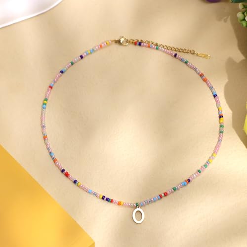 for Women Girls Letter PendantSummer Necklaces, Bohemian Beaded Necklace Colorful Beaded Initial Necklace Handmade Jewelry Gifts for Teens(O)3