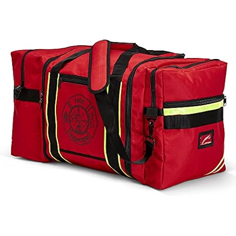 LINE2design Firefighter Gear Bag, Turnout Jumbo Fire Bag with Reflective Trim, Padded Shoulder Strap and Maltese Cross Logo Red Bag Cover
