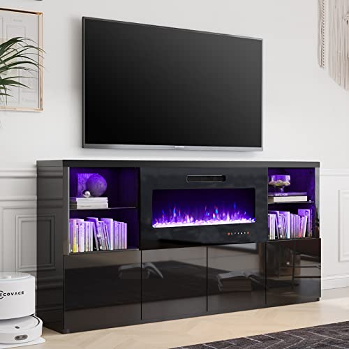 Fireplace TV Stand for TVs up to 75", Modern High Gloss Entertainment Center with 40" Fireplace, 4 Shelves & Storage Cabinets, Media Console Table 68 Inches, Black