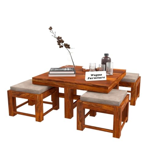 Image of Solid Sheesham Wood Coffee Table with 4 Stool | Center Table with 4 Stools for Living Room | Rosewood Teapoy Table with Cushioned Stool (Ornate,Honey Finish)