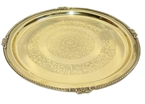 Image of A & H ENTERPRISES Designer Brass Plate for Dinner /Thali /Brass Plate for Pooja Heavy Big Size Plate Dinnerware Serveware (Beautiful Floral Design, 30 cm) - Set of 1 Pc Dinner Plate