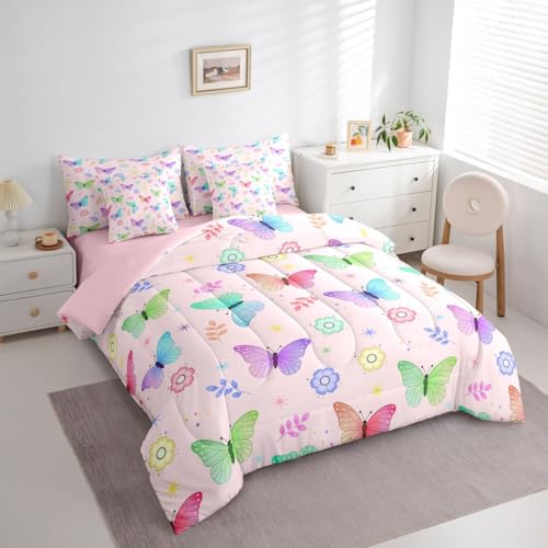 Image of Cartoon Butterflies 7 Pieces Bedding Set King Size,Cute Colorful Daisy Bed in a Bag,Flying Butterfly Bed Set Includes Comforter,Sheet Set,Pillowcases & Pillow Covers,Rainbow Gradient Bedroom Decor