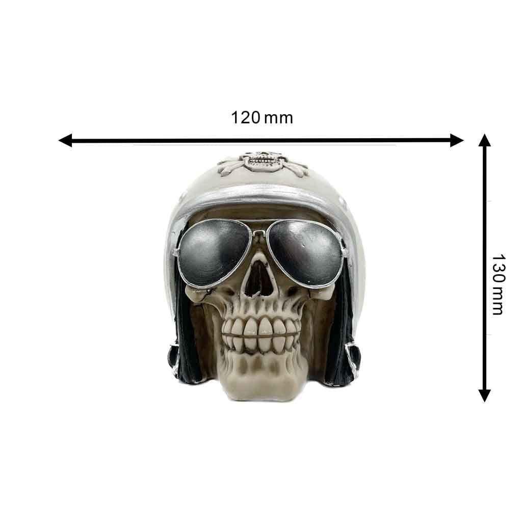Polyresin Savings Bank, Skull with Motorcycle Helmet & Sunglasses