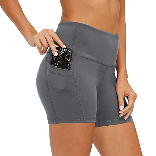 CQC Shorts femininos de cintura alta para ioga de compressão para treino e corrida com bolsos latera