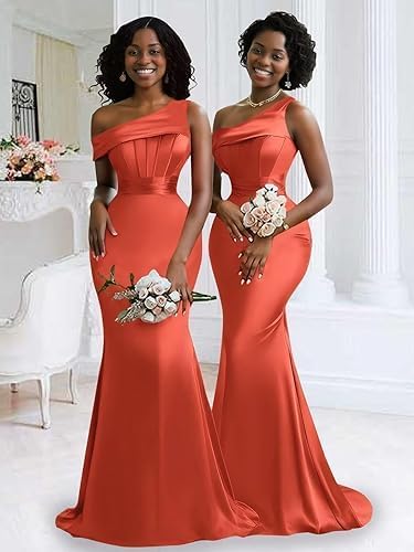 Women's Satin Prom Dress One Shoulder Corset Bridesmaid Gowns Mermaid Pleated Formal Evening Gown