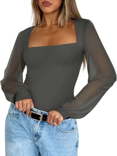 Image of PINKMSTYLE Women's Square Neck Double Lined Mesh Long Sleeve Bodysuits | Sheer Puff Sleeve Body Suit,Slim fit Trendy Going Out Tops,Concert Outfit