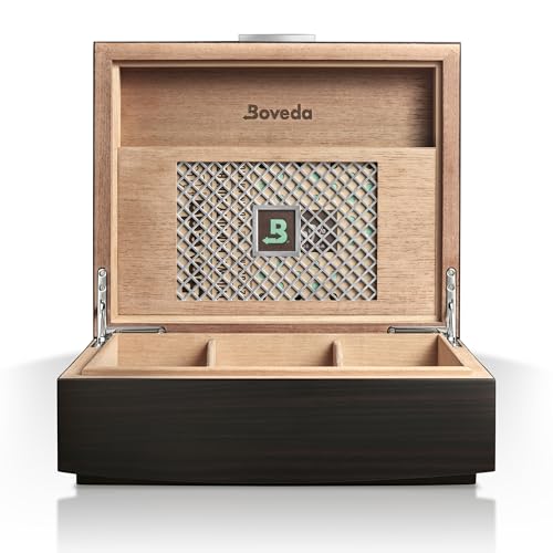 Boveda Bespoke Spanish Cedar Storage Box | Macassar Ebony Matte Finish | Custom Built-in Holder | Includes Seasoning Packs and 69% Two-Way Humidity Control Pack Size 320 | 50 Count Capacity