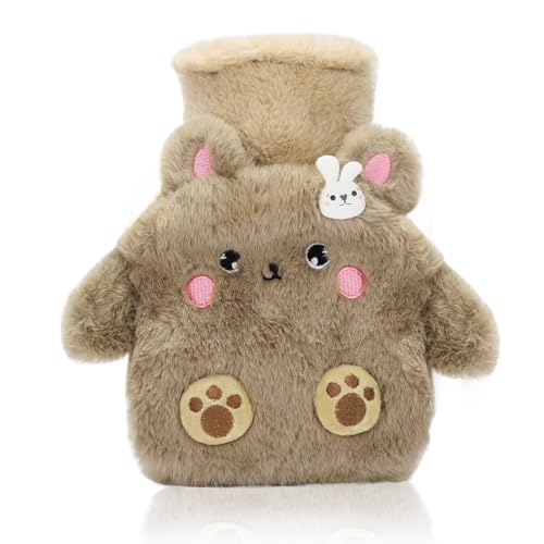 Image of HANNEA Hot Water Bottle Rubber with Soft Cover, Hot Water Bag for Cramps, Pain Relief, Removable Hot Cold Pack Hot Water for Hand Feet Warmer, Neck and Shoulder Pain Relief, Brown