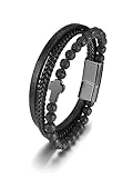 PiercingJak Herren Armband Männer Kreuz Lederarmband Schwarz geflochten Echtleder mit 6mm Lavasteine Diffusor Armreif Mode Charm Schmuck Geschenke für Mann, 22cm