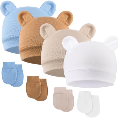 BQUBO Newborn Baby Hats Bear Ears and Mittens Sets Preemie Cotton Caps Baby Boy Girl Infant Hospital Beanie for 0-3 Months