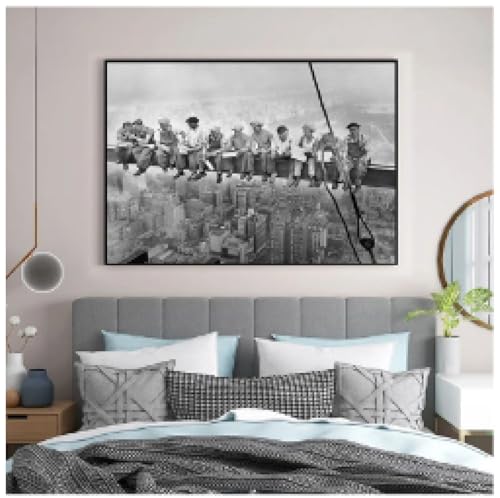 Tableau mural noir et blanc vintage déjeuner sur un gratte-ciel cadre 80x120cm pour salon