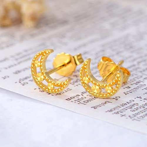 18K Real Gold Moon Earrings For Women, Yellow Gold Diamond-Cut Crescent Moon Stud Earrings Jewelry Anniversary Birthday Gift For Wife, Mother, Girl, Sister #TOP2