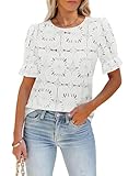 LUXVEER Women Eyelet Dressy Casual Blouses Puff Sleeve Crewneck Lace Floral Crochet Embroidered Tops 2025 Trendy Summer Elegant Date Night Shirts White L
