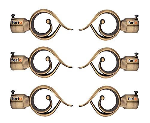 Image of FERIO Brass Finish Zinc Curtain Finials for Door and Window Accessories 1 inch Rod Set of 3 (6 Pcs) Curtain Brackets /Holders for Home Decor