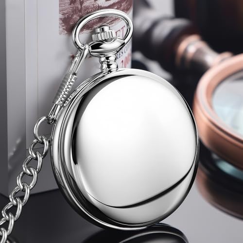 Image of Tiong Pocket Watch Vintage Quartz Pocket Watches with Chain Christmas Graduation Birthday Gifts Father's Day(Silver)