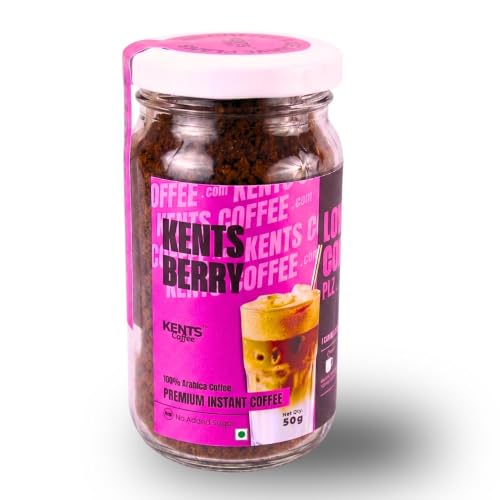 Image of Kents Coffee Berry Delight Cappuccino - Berry Flavor | Plant-Based Instant Coffee | Rich & Creamy | Hot, Iced & Dessert Drinks | 50gm Unbreakable Glass Jar | Hot & Cold Coffee | No Added Sugar, No Artificial Flavours