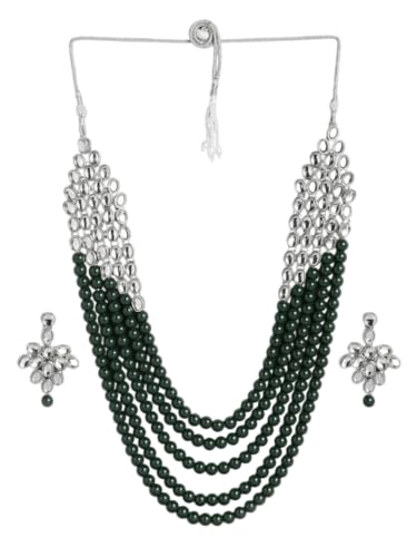 Juego de joyas Kundan chapado en rodio con cristales verdes DMZ-2449