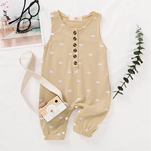 Patpat Baby Boy Rompers Sleeveless Button Up Print Striped Solid Color Tank Jumpsuit Clothes Outfits Beige 9-12 Months #TOP3