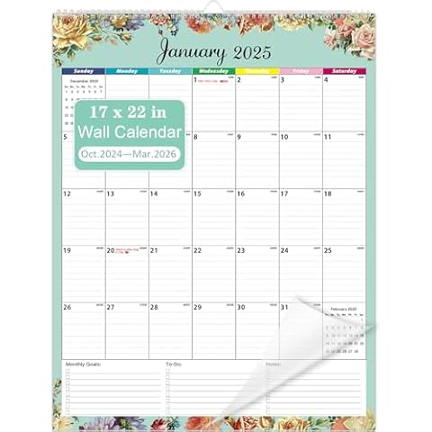 Lateefah Wall Calendar 2025, 18 Month Desk Calendar from Oct 2024 to Mar 2026, Large 17''x22'' Monthly Calendar 2025-2026 with Plastic Cover Large Wall Calendar 2025 for Home, Office Cover