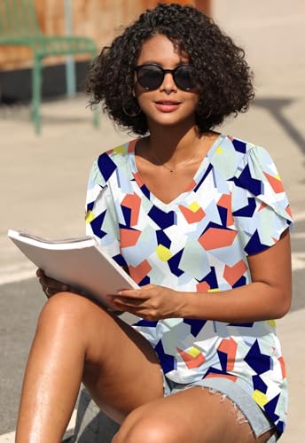 Image of CATHY 2026 Women Tops Summer Short Sleeve Tunic V Neck T-Shirts Loose Casual Floral Blouse S-4XL