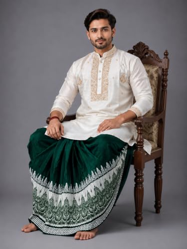 Image of Men's Ready to Wear Pant System Printed MAYUR PUCHHA Dhoti for Marriage, Pooja, Festival etc.(GC010)