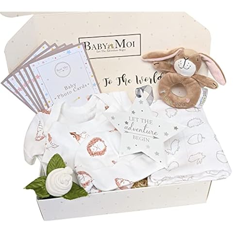 Welcome to The World 8 Piece New Baby Gift Box New Baby Essentials Items Clothes, Socks, Toy, Plaque, Baby Moment Cards Baby Shower Present Mum to Be Gift Gmily Hare Unisex Boy Girl Cover