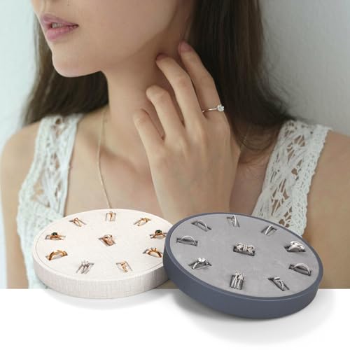 10Slots Ring Tray Round Holder Display PU Leather Earring Organizer Jewelry Display Tray Microfiber Interior Jewelry Organizer Tray(White)