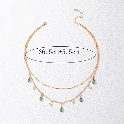 Inilbran Bohemian Layered Emerald Necklace Choker Green Crystal Dangle Necklace Teardrop Emerald Choker Necklace Gold Waterdrop Crystal Choker Necklace Jewelry for Women and Girls - Image 6